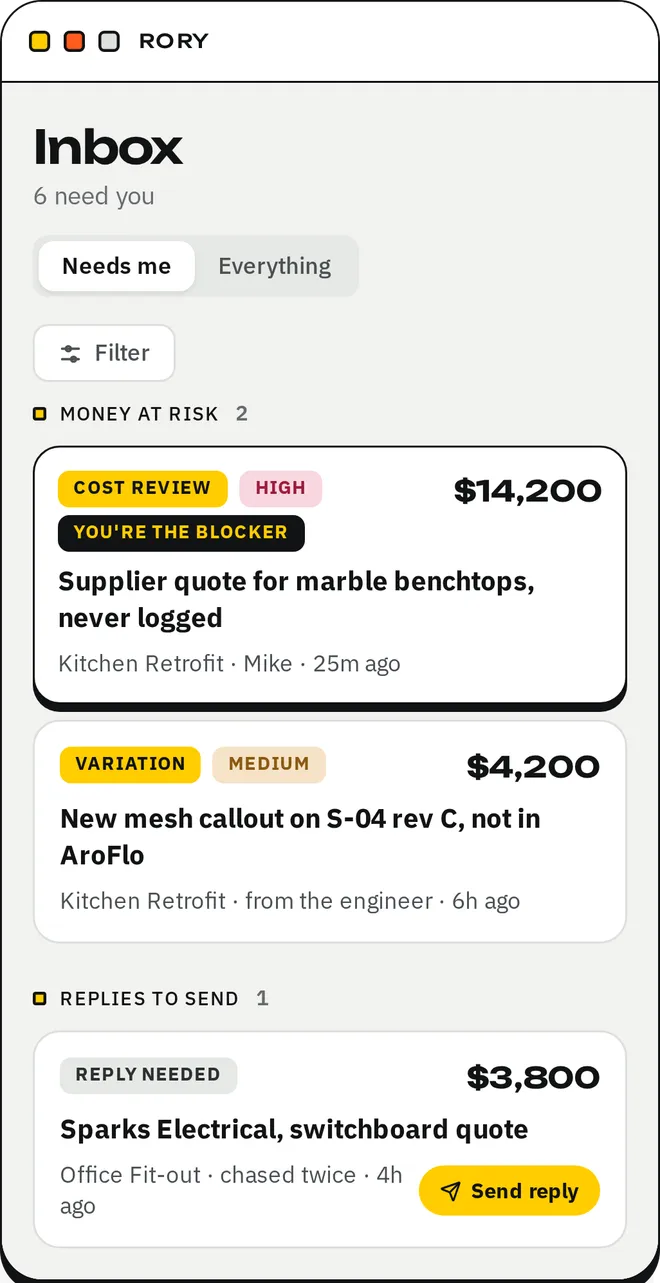 Rory's inbox on a phone: the money at risk on each job, and the replies waiting on you.